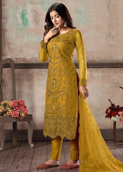 Yellow Embroidered Straight Pant Suit