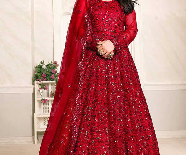 Red Embroidered Anarkali – FALAKENOOR