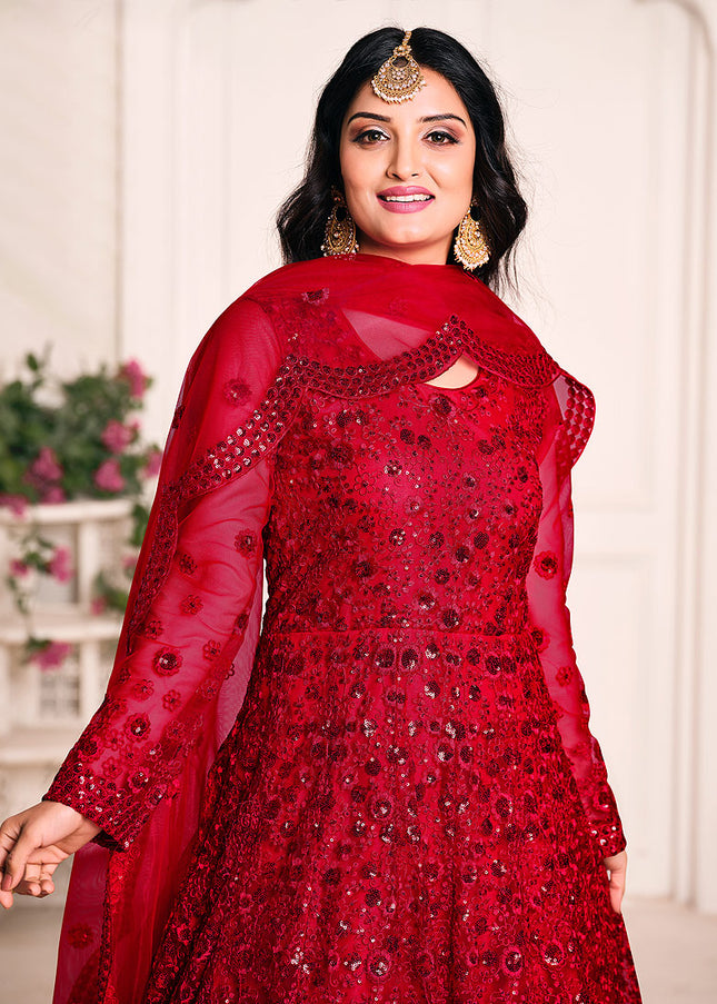 Red Embroidered Anarkali