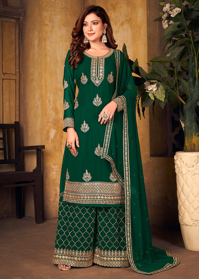 Green and Gold Embroidered Palazzo Suit