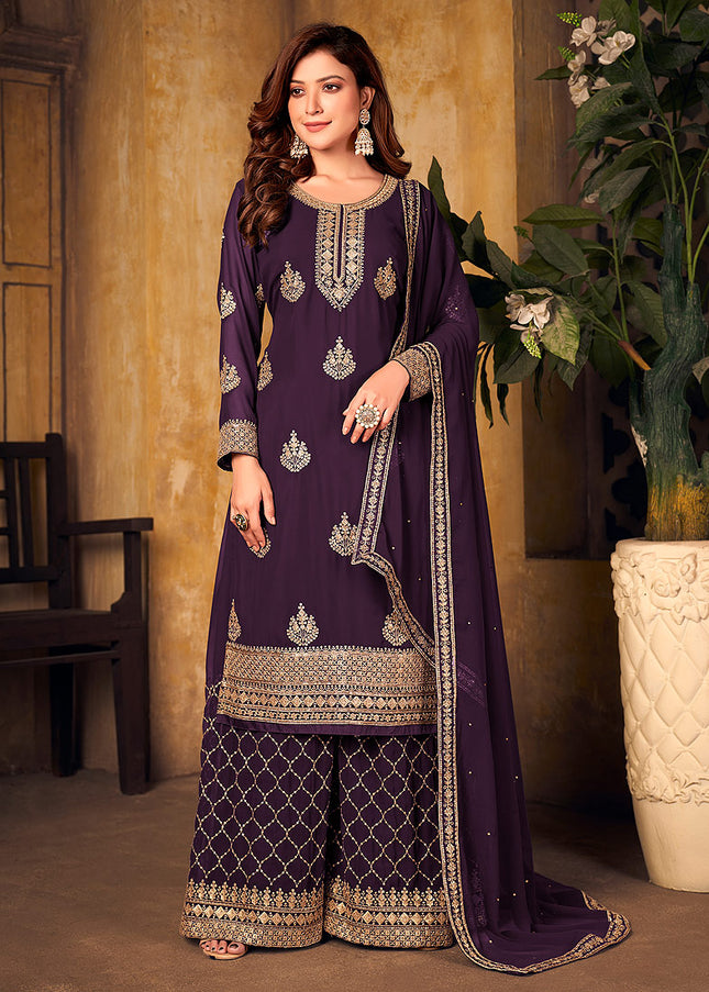 Purple and Gold Embroidered Palazzo Suit