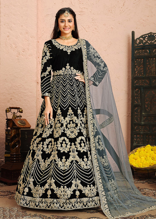 Black and Gold Embroidered Velvet Anarkali