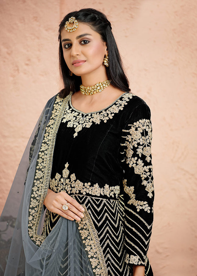 Black and Gold Embroidered Velvet Anarkali