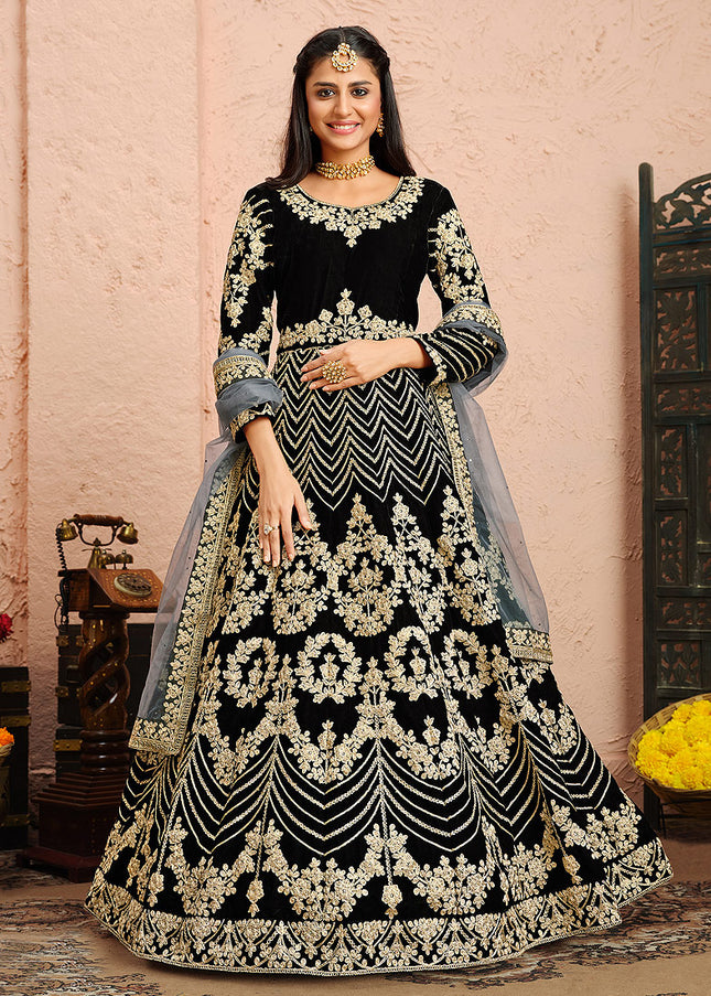 Black and Gold Embroidered Velvet Anarkali