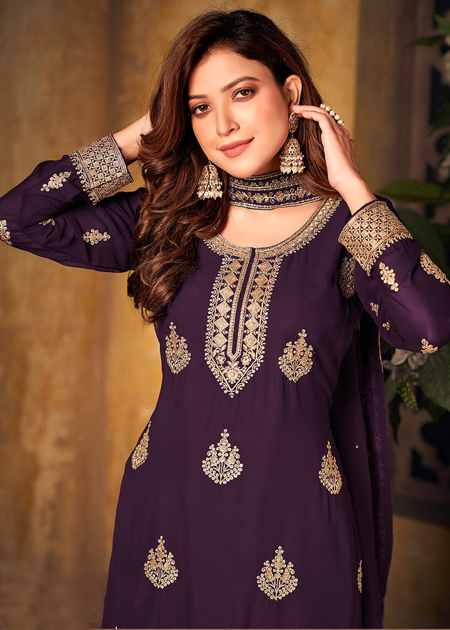 Purple and Gold Embroidered Palazzo Suit