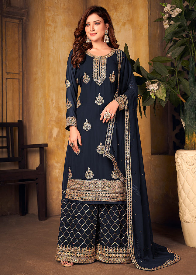 Blue and Gold Embroidered Palazzo Suit