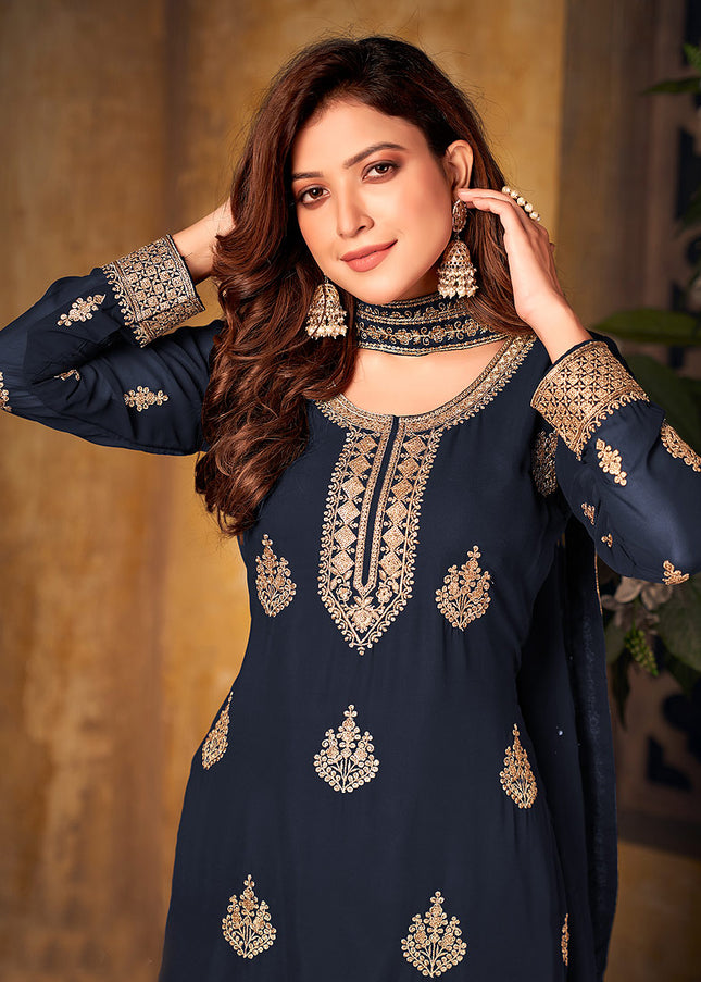 Blue and Gold Embroidered Palazzo Suit