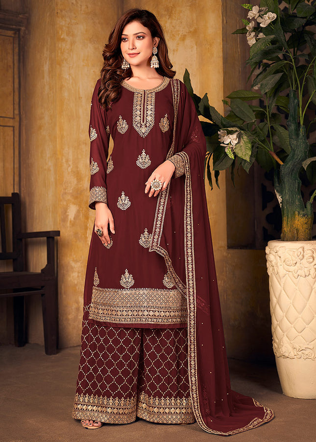 Maroon and Gold Embroidered Palazzo Suit