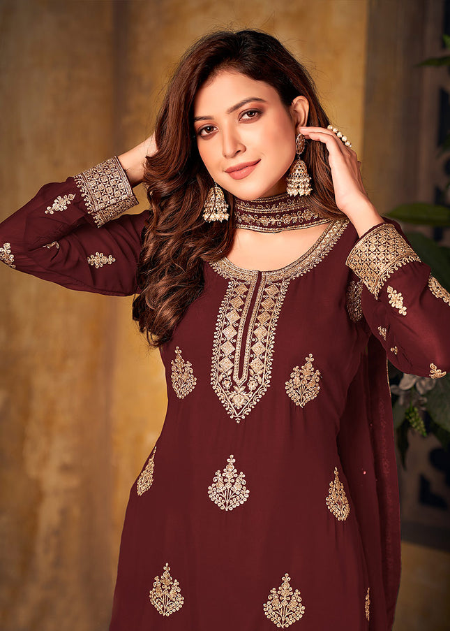 Maroon and Gold Embroidered Palazzo Suit