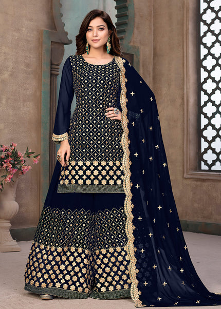 Blue and Gold Embroidered Palazzo Suit