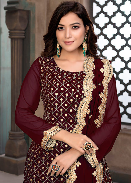 Maroon and Gold Embroidered Palazzo Suit