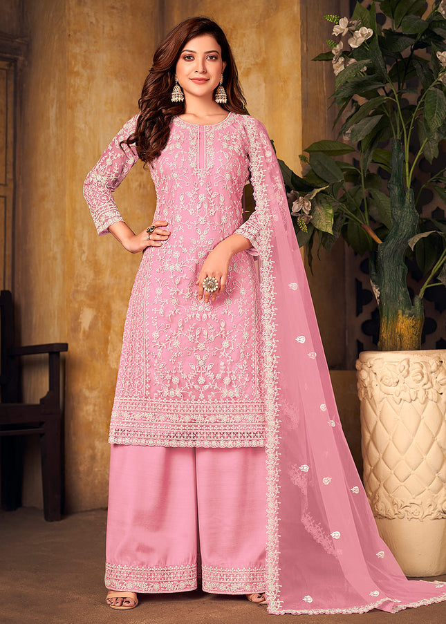 Pink Embroidered Palazzo Suit