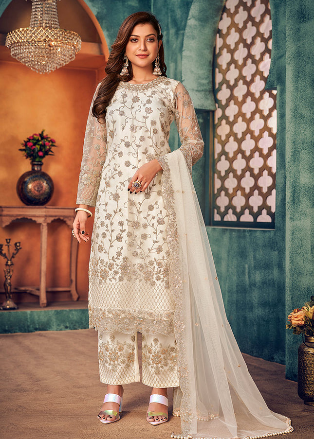 White and Gold Embroidered Pant Style Suit