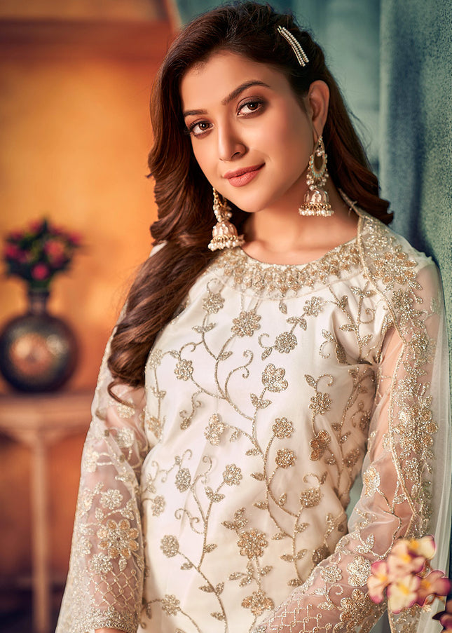 White and Gold Embroidered Pant Style Suit