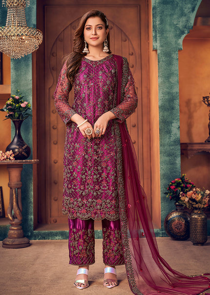 Magenta and Gold Embroidered Pant Style Suit