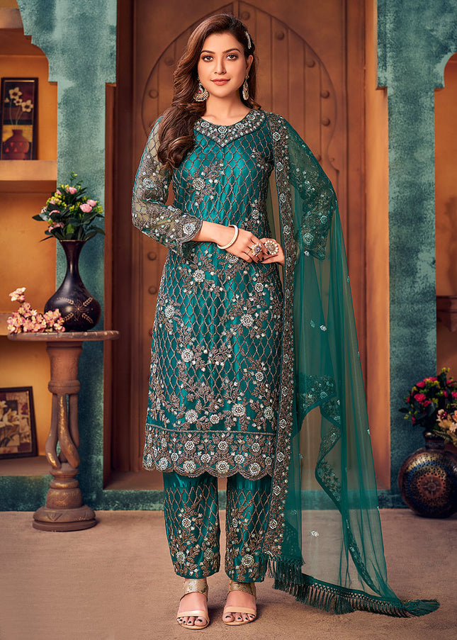 Sea Green and Gold Embroidered Pant Style Suit