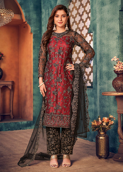 Maroon and Black Embroidered Pant Style Suit