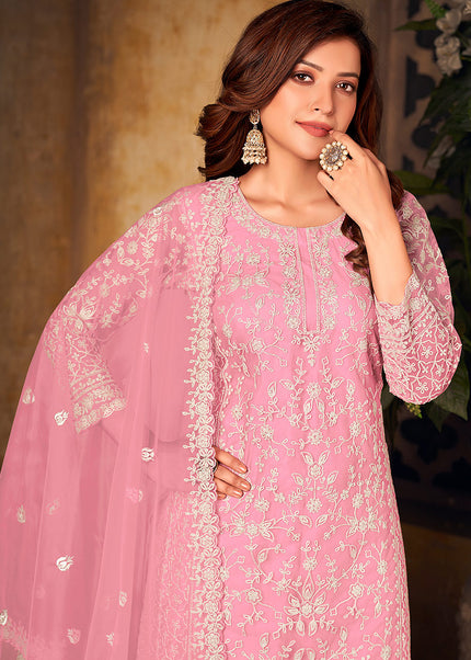 Pink Embroidered Palazzo Suit