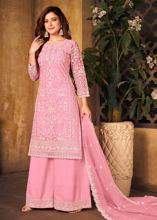 Pink Embroidered Palazzo Suit