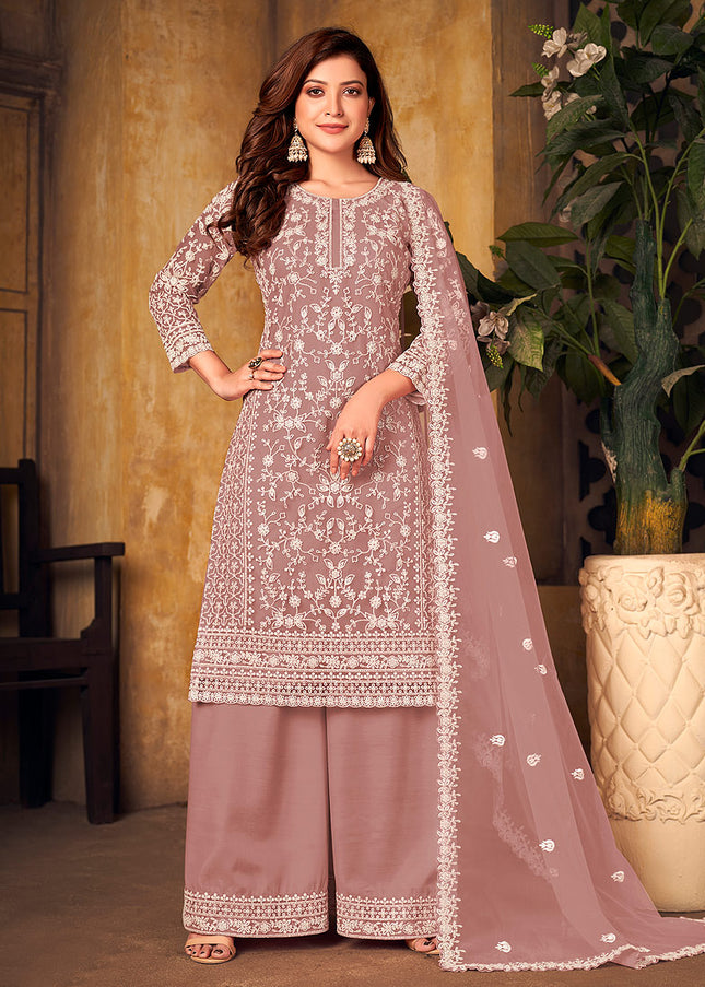 Mauve Embroidered Palazzo Suit