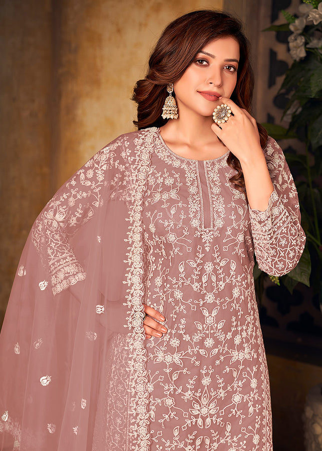 Mauve Embroidered Palazzo Suit