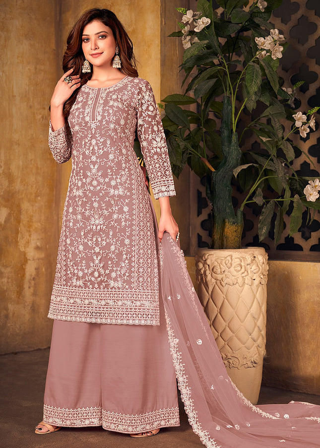 Mauve Embroidered Palazzo Suit