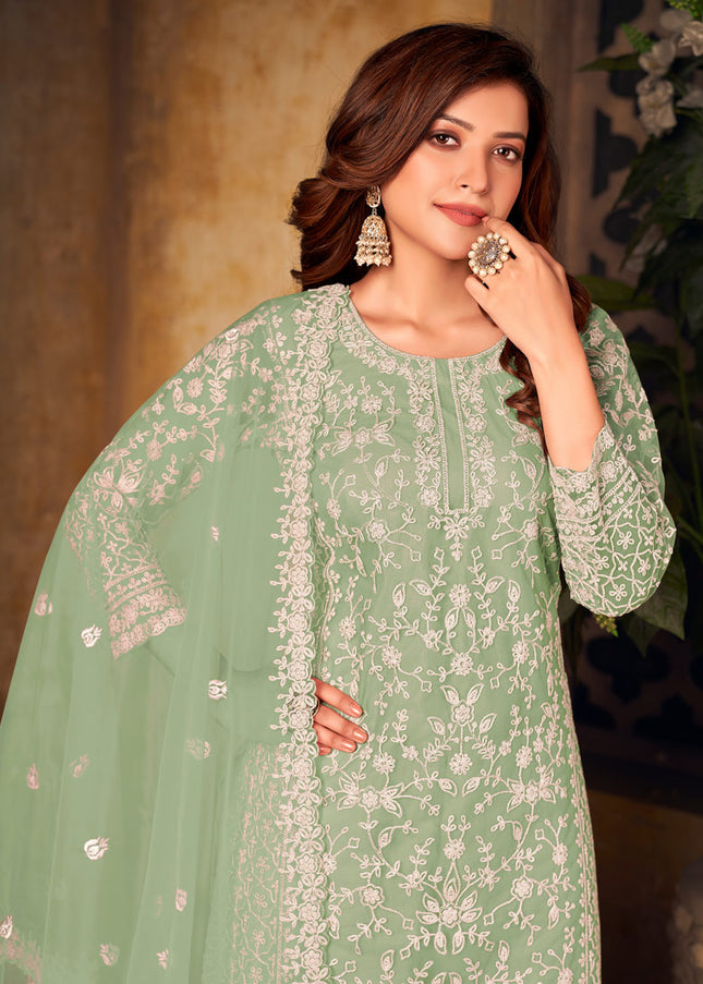 Green Embroidered Palazzo Suit