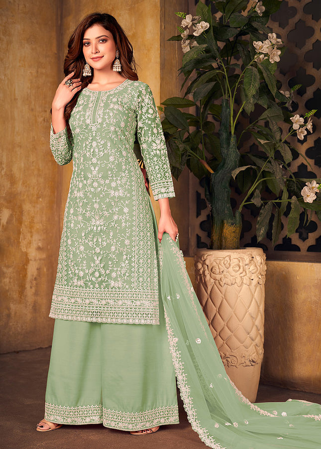 Green Embroidered Palazzo Suit