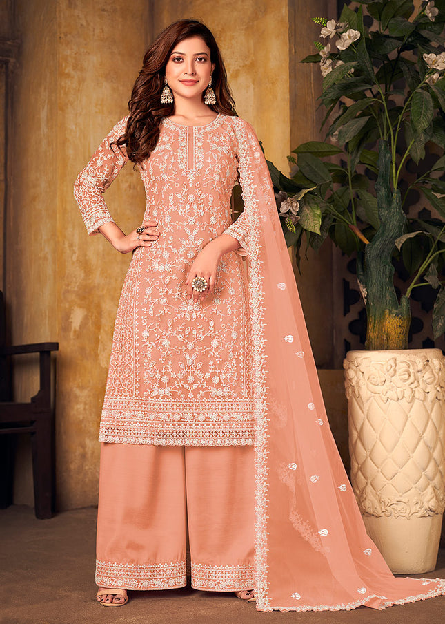 Peach Embroidered Palazzo Suit