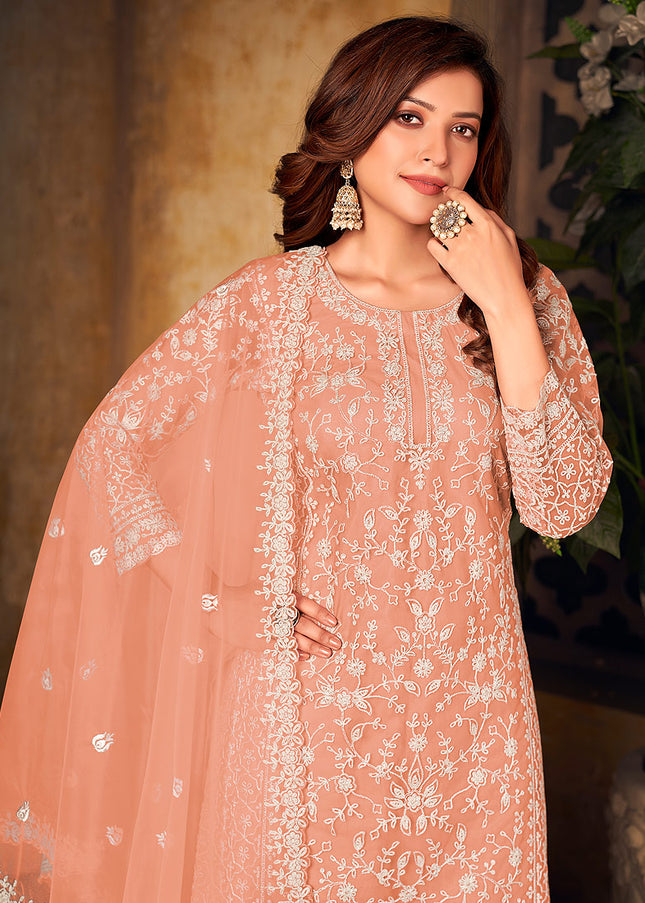 Peach Embroidered Palazzo Suit