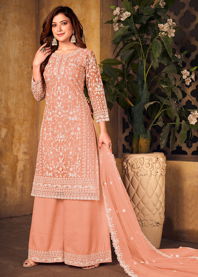 Peach Embroidered Palazzo Suit