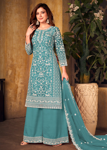 Teal Blue Embroidered Palazzo Suit