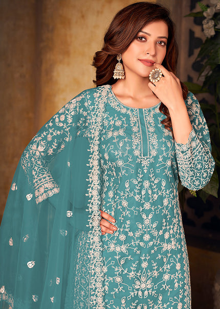 Teal Blue Embroidered Palazzo Suit