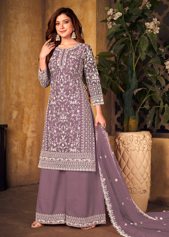 Light Purple Embroidered Palazzo Suit