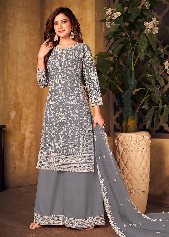 Grey Embroidered Palazzo Suit