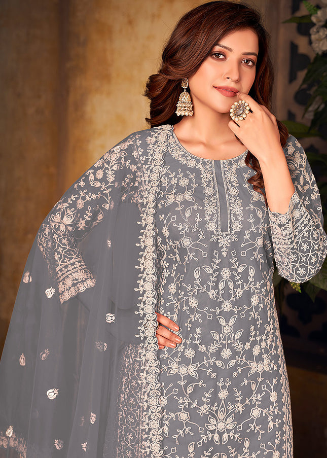 Grey Embroidered Palazzo Suit