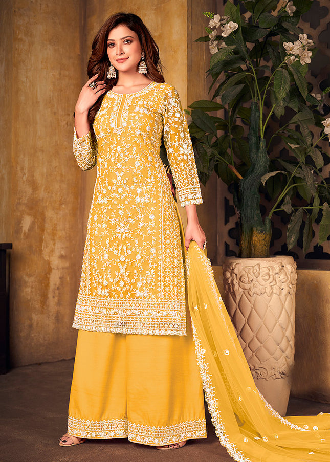 Yellow Embroidered Palazzo Suit