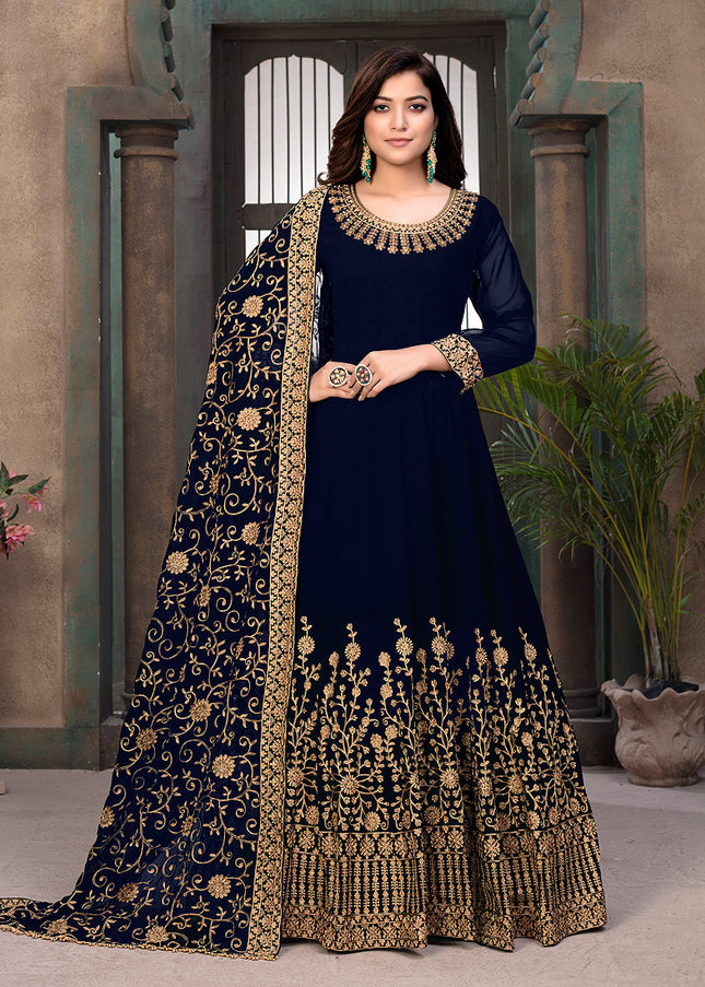 Blue and Gold Embroidered Anarkali