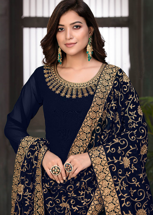 Blue and Gold Embroidered Anarkali