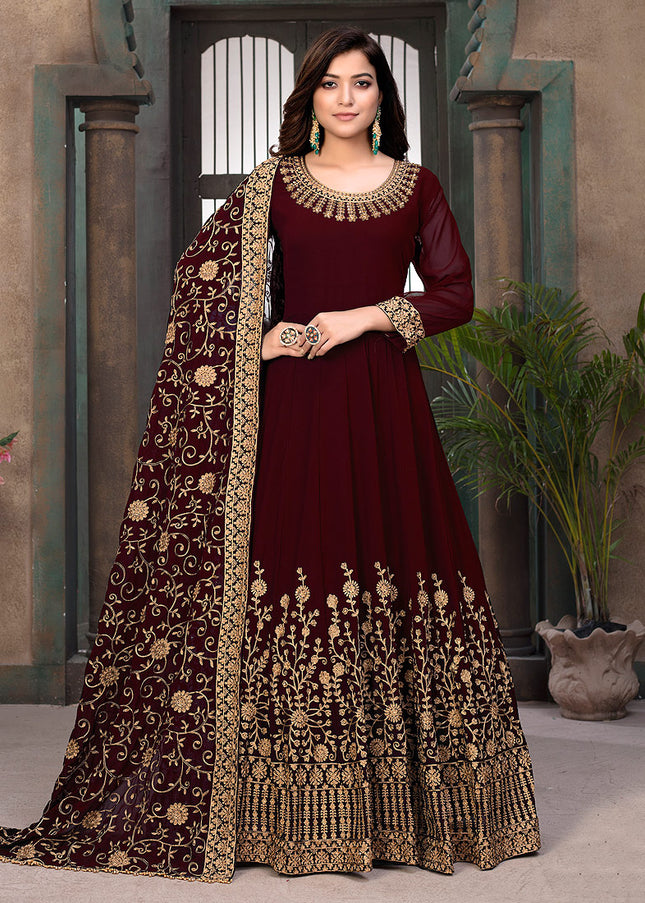 Maroon and Gold Embroidered Anarkali