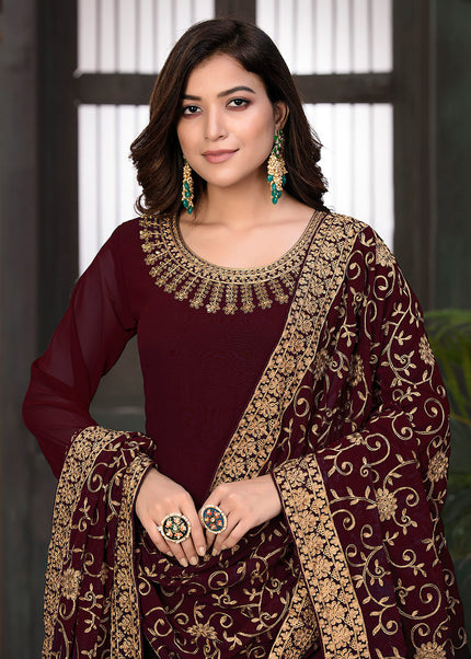 Maroon and Gold Embroidered Anarkali