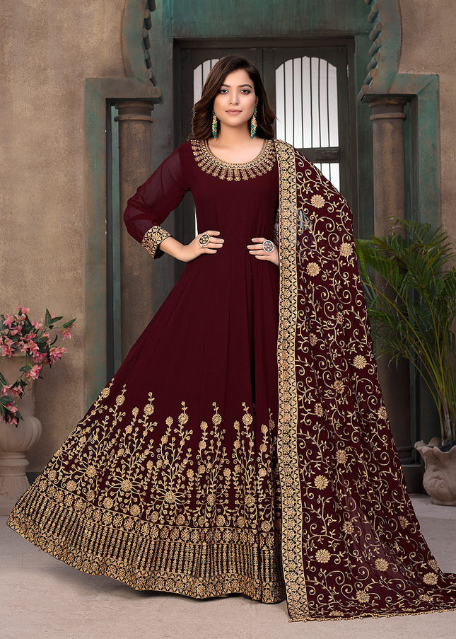 Maroon and Gold Embroidered Anarkali