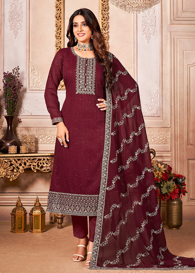 Maroon Embroidered Pant Style Suit