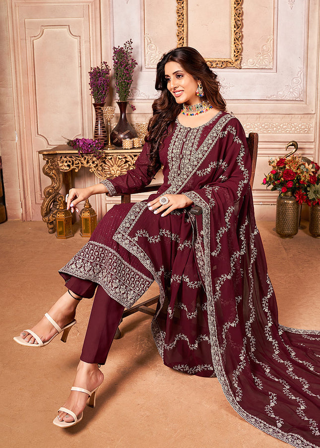 Maroon Embroidered Pant Style Suit