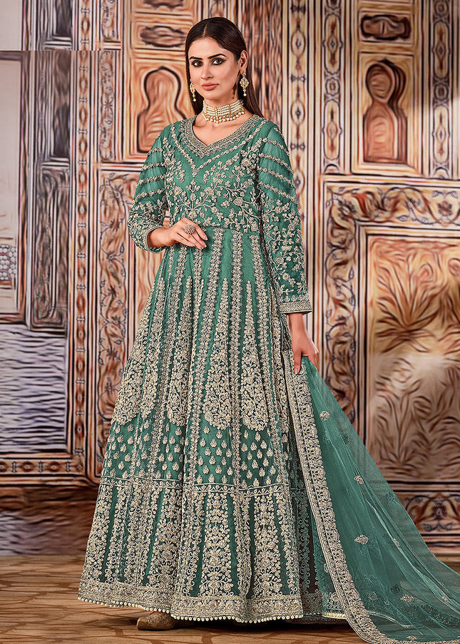 Green and Gold Embroidered Anarkali