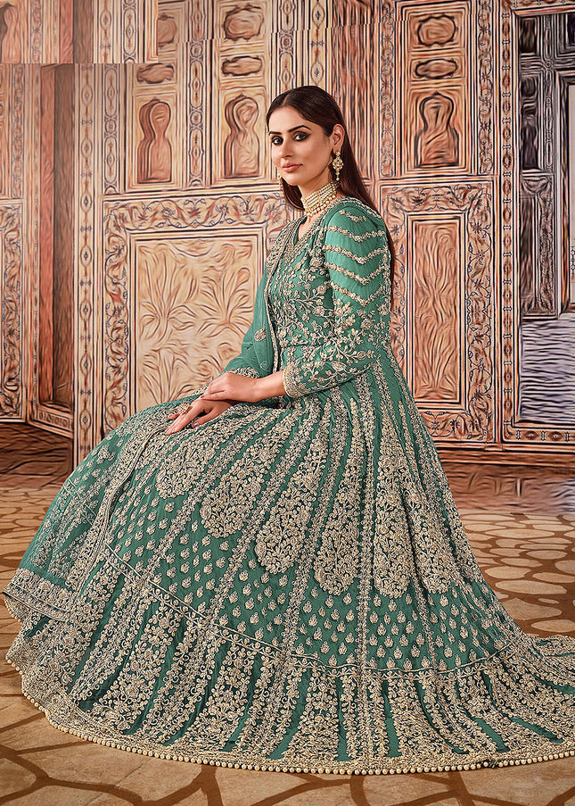 Green and Gold Embroidered Anarkali