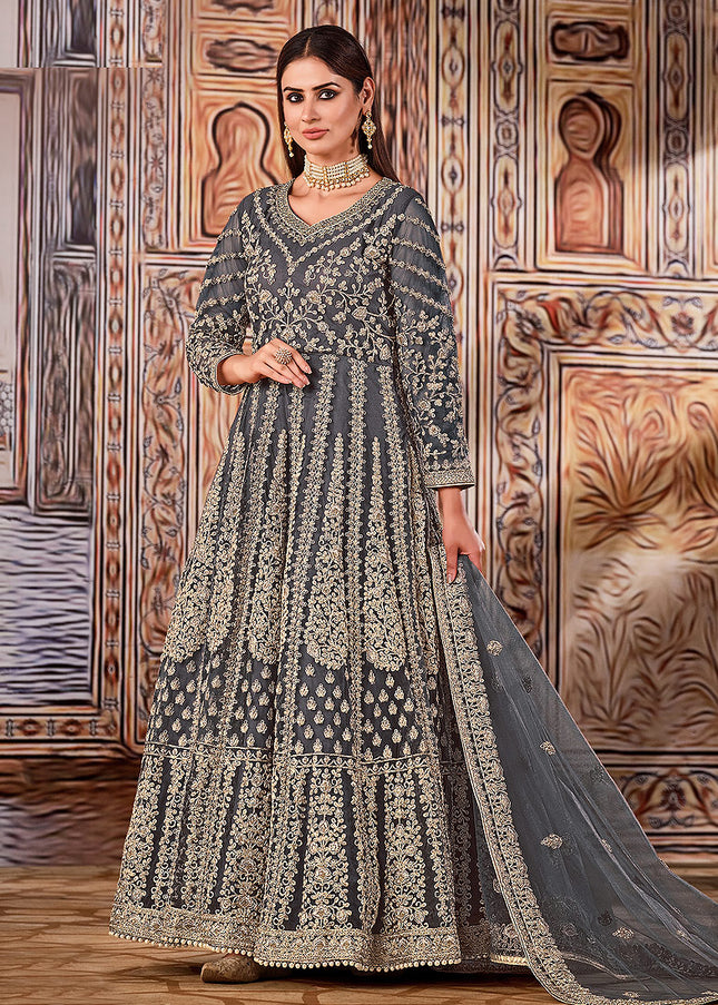 Grey and Gold Embroidered Anarkali