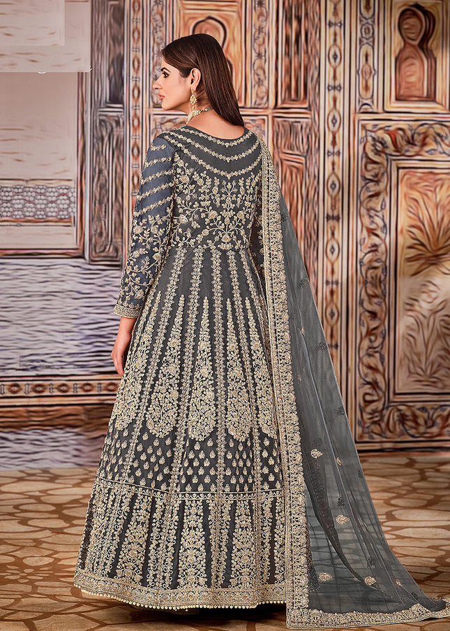 Grey and Gold Embroidered Anarkali