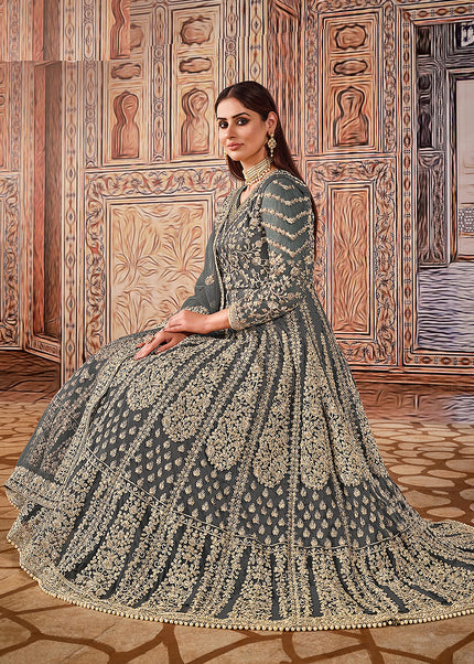 Grey and Gold Embroidered Anarkali