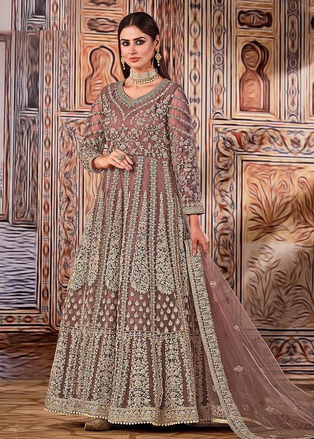 Mauve and Gold Embroidered Anarkali